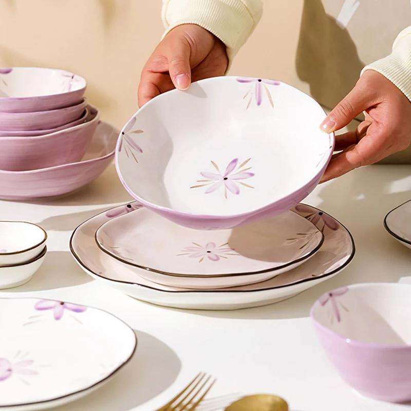 Романтичные фиолетовые керамические тарелки, легкие, роскошные, ресторанные, фруктовые, салатные, домашняя кухня, паста, обеденная тарелка, изысканные миски для риса