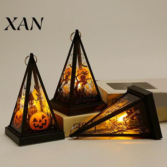 Retro Triangular Wind Lantern Halloween Vintage LED Candle, Spooky Pumpkin Witch Tabletop Decor with Party Atmosphere Lamp Metal Hanger, Electronic