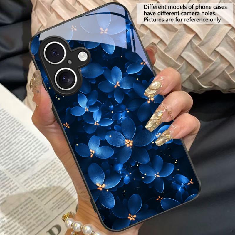 Синие и белые цветы Для Apple iPhone 16E 16 E 11 13 15 P ro 14 Pro Max 12 Mini 7 8 Plus XS Черный чехол для телефона из закаленного стекла