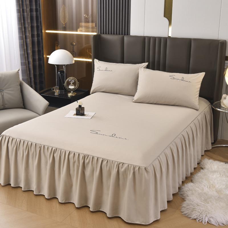 Solid Color New Light Luxury Simple Embroidered Single Bed Skirt Bed Sheet Non-slip Bedspread Four Seasons Princess Style Single Piece