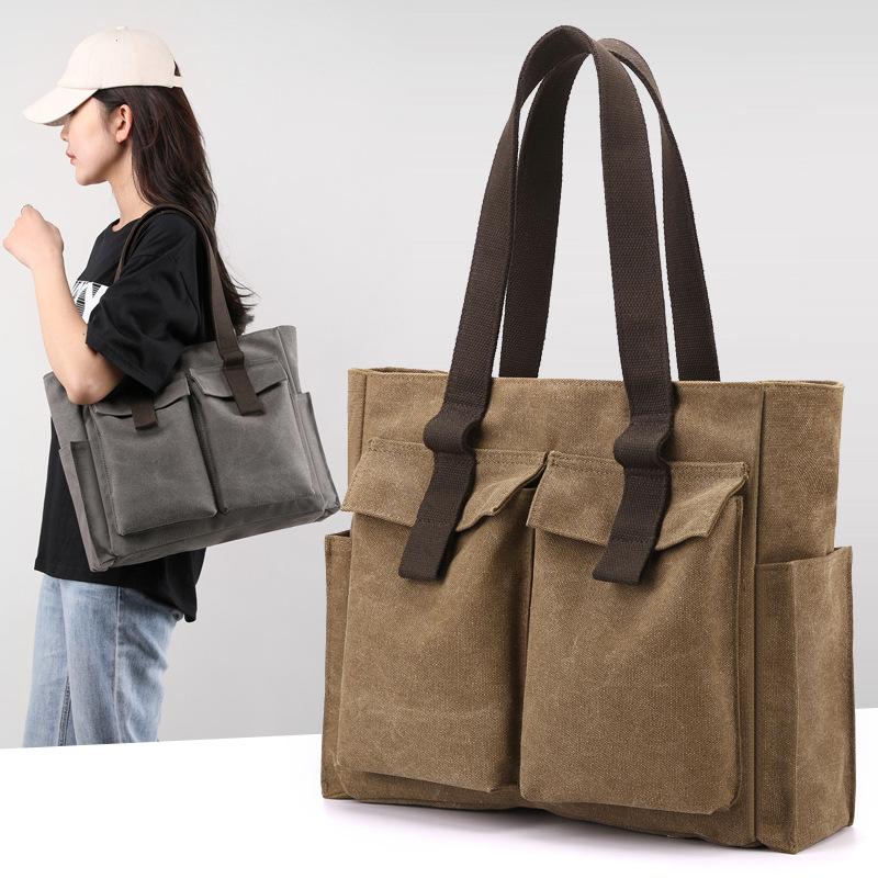 High-grade Canvas Briefcase, Large Capacity Ladies Fashion Handbag, Multi-pocket Versatile Shoulder Bag, Outing Commuter Bag