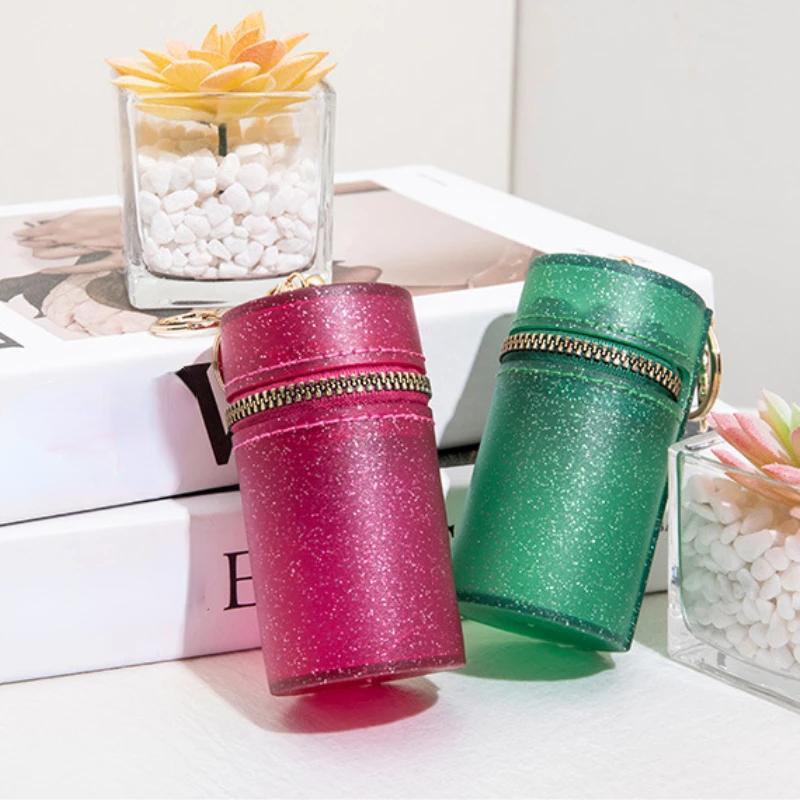 Новая цилиндрическая мини-сумка для помады ярких цветов, блестящая сумка для монет на молнии с брелком, портативный органайзер для блеска для губ
