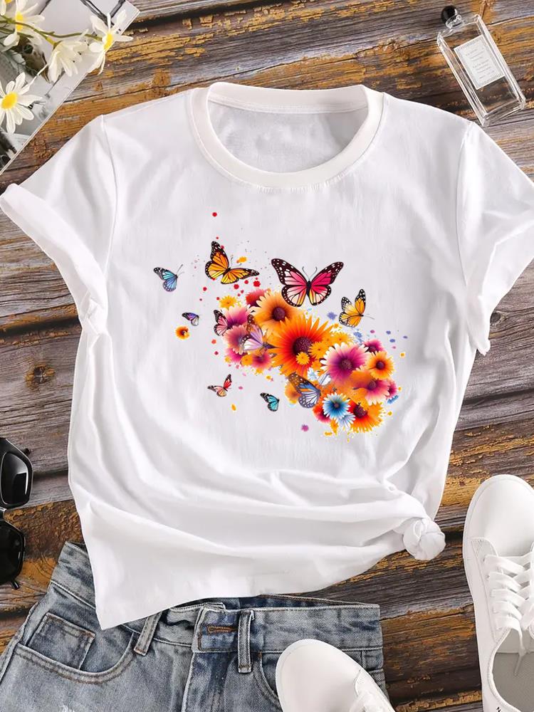 (Asian Size) Butterfly Trend 90s Women Tee Top Clothing Casual Print Lady Flower Fashion Short Sleeve T Shirt Female Graphic T-shirts