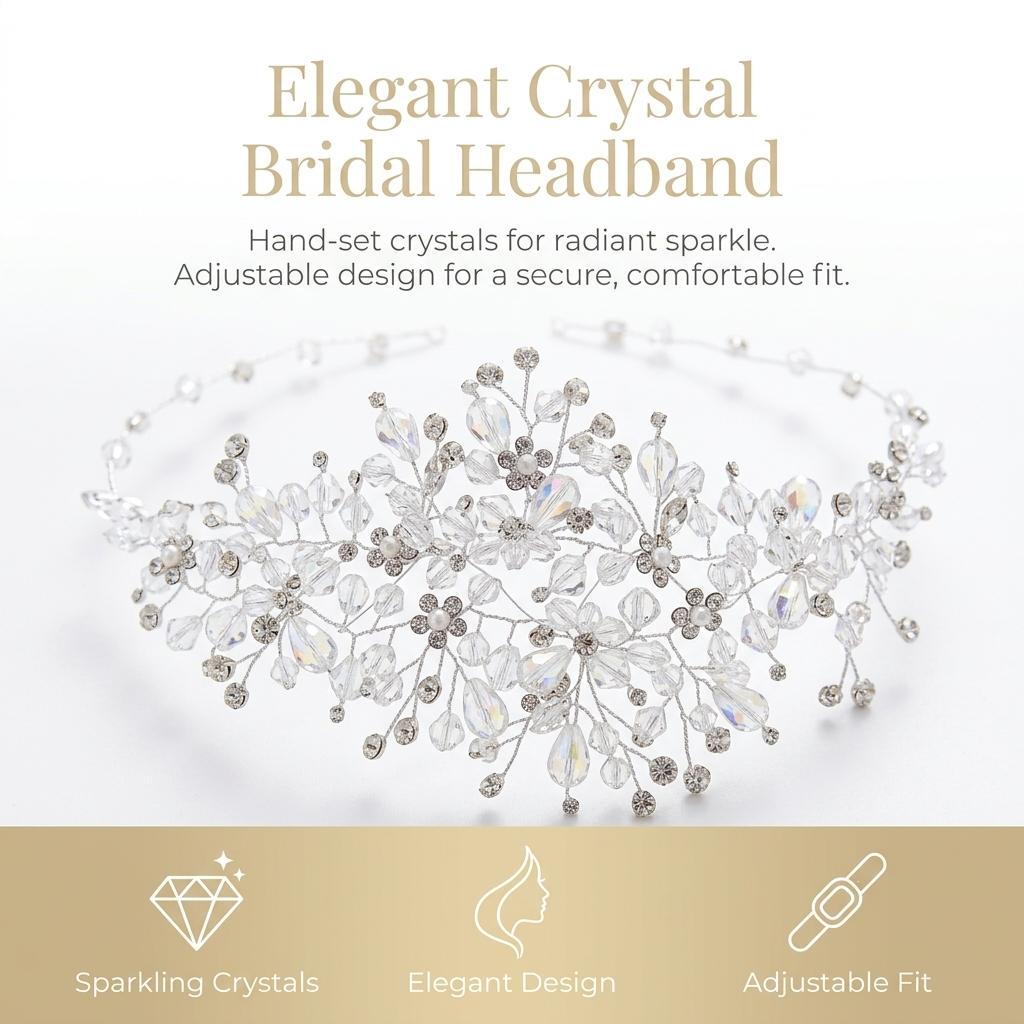 Bridal Crystal Headband Elegant Wedding Hair Accessory Alloy Base Adjustable Size