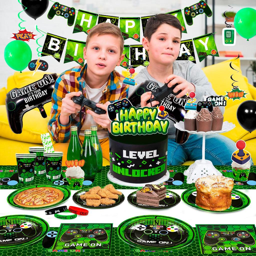 Gaming Birthday Party Supplies for kids,Video Game Party Decorations&Tableware Set-Plates Cups Tablecloth Balloons Banner Etc Party Supplies