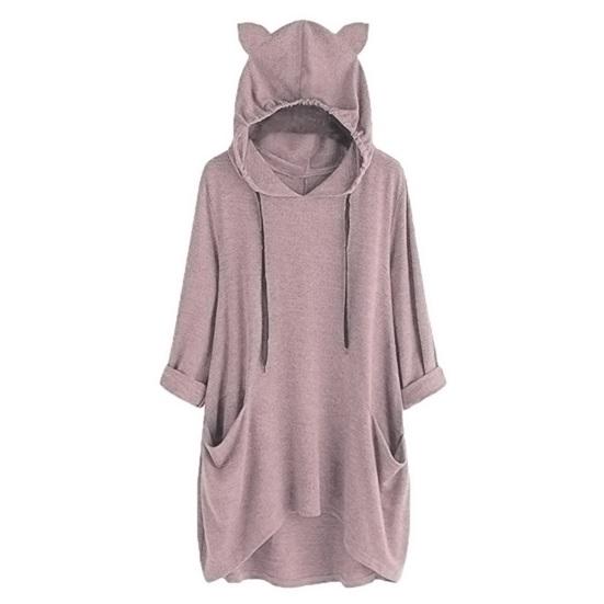 Женское длинное худи-пуловер с неровным подолом, рукавами 3/4, толстовки с капюшоном с кошачьими ушками, туники с карманами