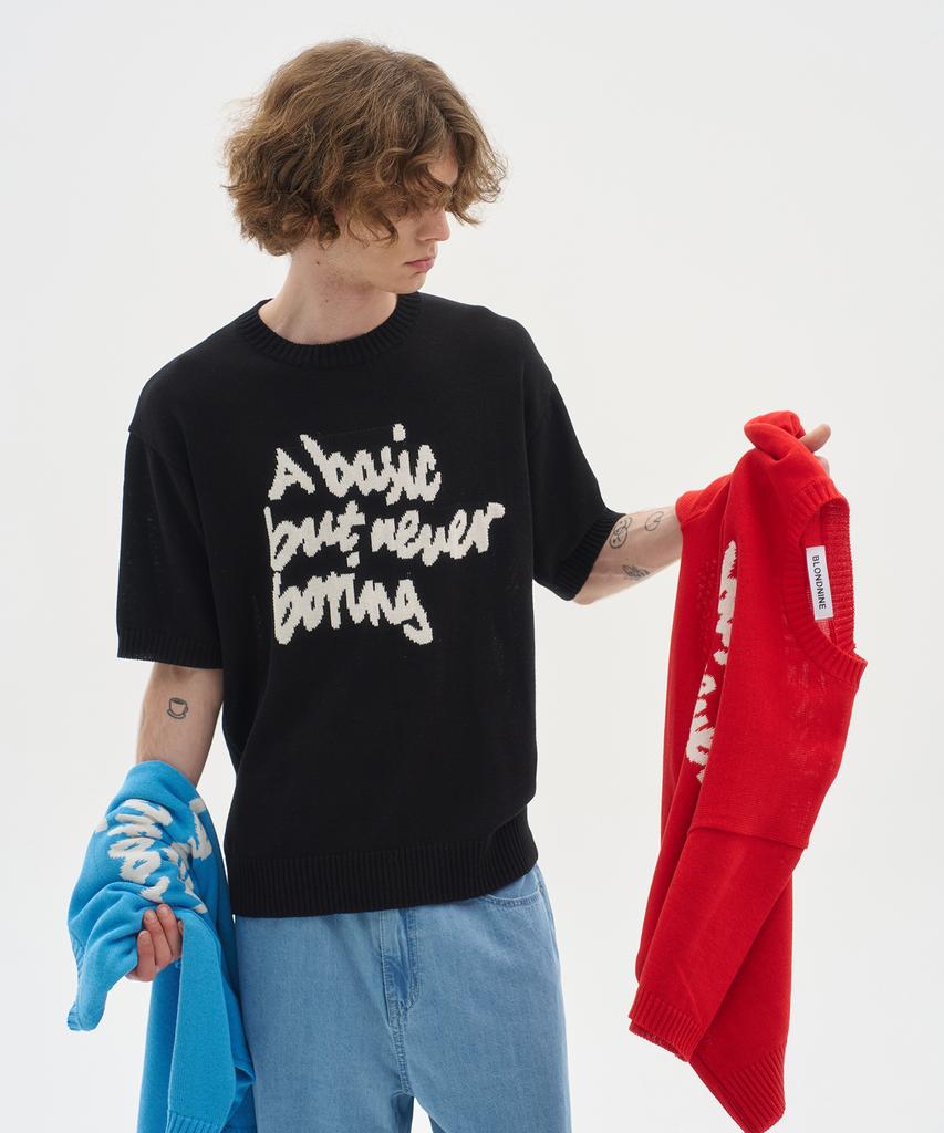 BLOND9 Slogan Round Short Sleeve Knit_Black