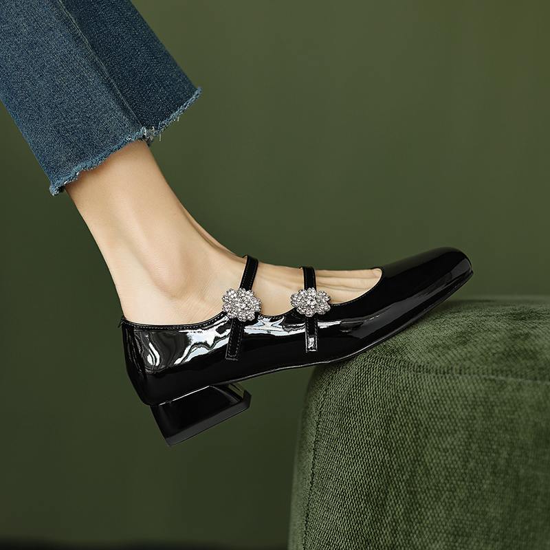 Krazing Pot Туфли-лодочки Mary Janes из овчины, весна-лето, размер 41, на толстом низком каблуке, женские, с квадратным носком, с кристаллами и цветами