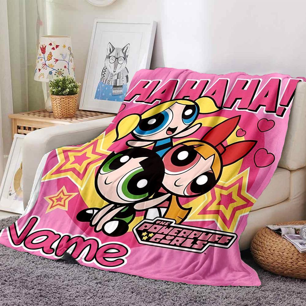 Custom Name Powerpuff Girls Halloween flannel Blanket for Super Soft Cute Comfort Blanket for Travel Bedding Couch Sofa Blanket