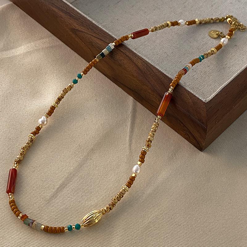 Натуральный пресноводный жемчуг и тигровый глаз богемное ожерелье - осенне-зимняя французская ретро ключичная цепочка для женщин