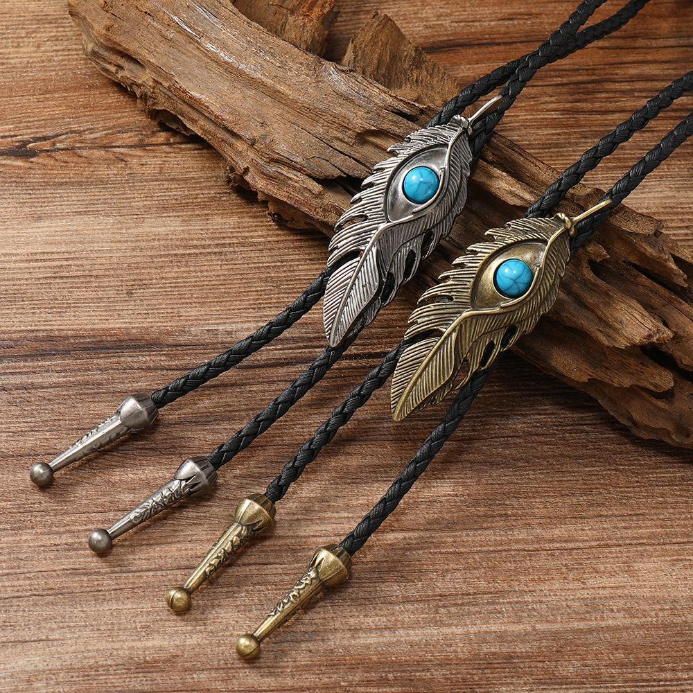 PU Woven Turquoise Feather Necklace Boho Bronze Butterfly Choker Five-pointed Star Bolo Tie  Men