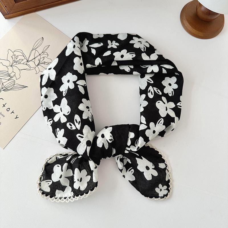 70% Cotton Linen Small Square Silk Scarf - Korean Style Floral Design for Versatile Neckwear and Decorative Use