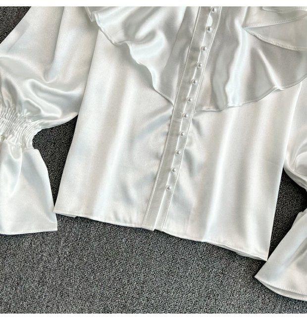 Винтажные однотонные блузки Женские Элегантный ацетатный сатин Воротник-стойка Дизайн рукавов-клеш Новые Шикарные Милые Свободные оборки Женские Топы