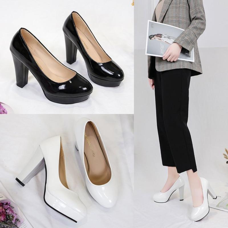 Четыре сезона Рабочая обувь Женская Высокий каблук 10см Черная Женская кожаная обувь Профессиональная Грубый каблук Женская обувь Большой размер 42