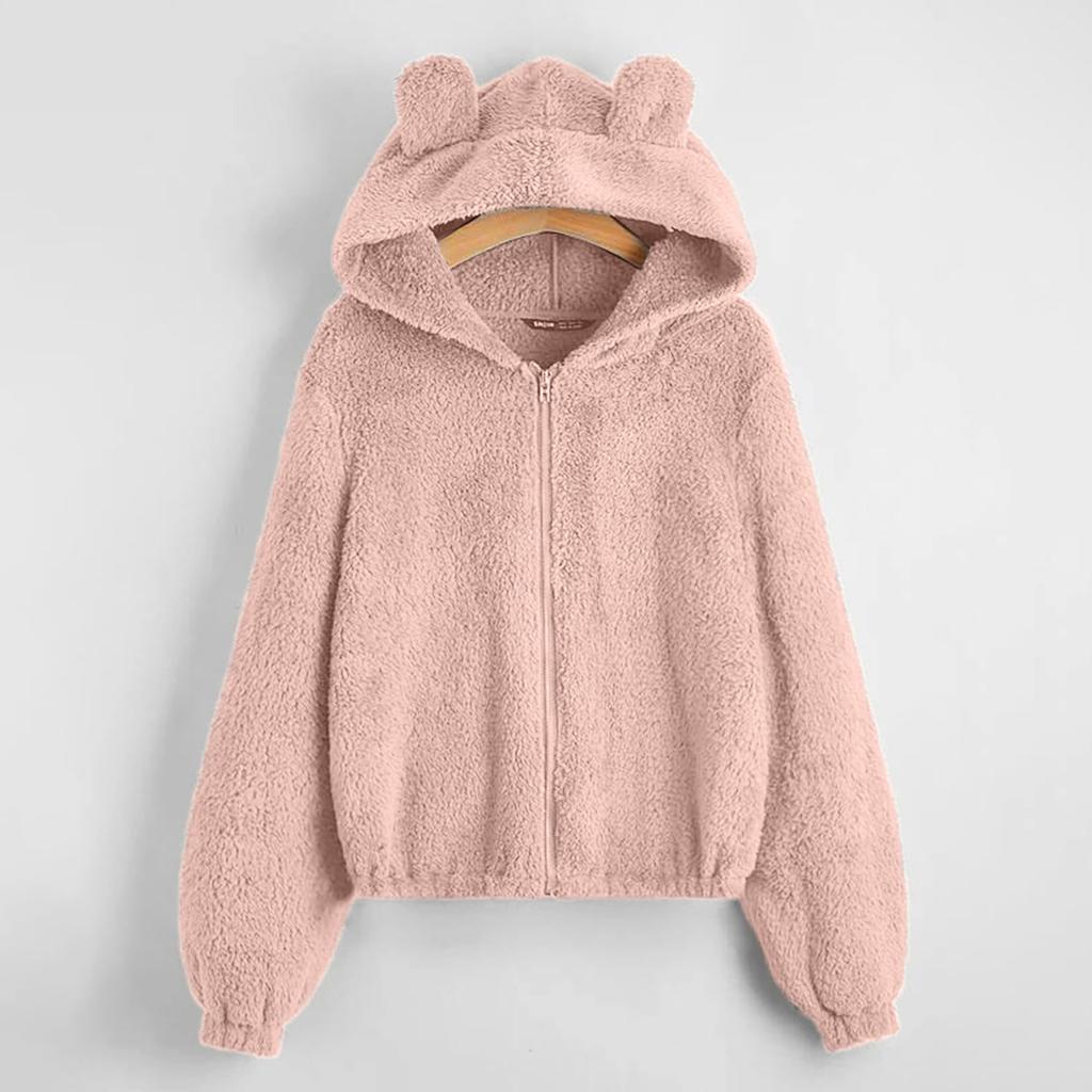Женская флисовая однотонная толстовка с длинным рукавом, теплая куртка с капюшоном на молнии в форме медведя, нечеткое пальто с капюшоном