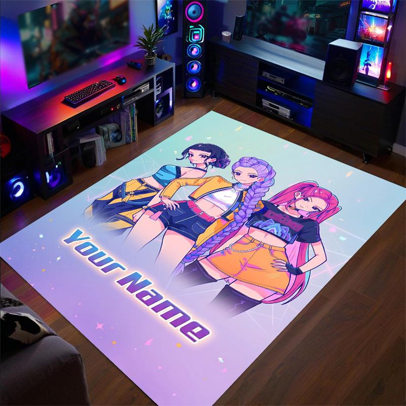 Crystal Velvet Rug Kpop Demon Hunters Print Custom Name Text Floor Mat Home Decor
