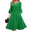 Women's Elegant Bell Sleeve Cocktail Party Dresses For Wedding Guest Fit And Flare Church Midi Evening Dress