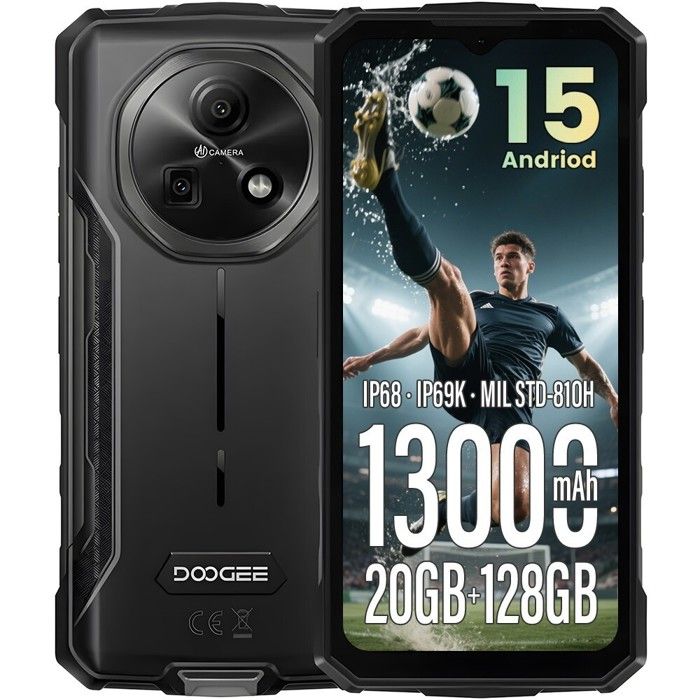 Telephone Portable Incassable DOOGEE Fire 5 Pro 20Go+128Go 6,6“ 13000mAh Smartphone Robuste Android 15 Dural SIM 4G/NFC/13MP Noir