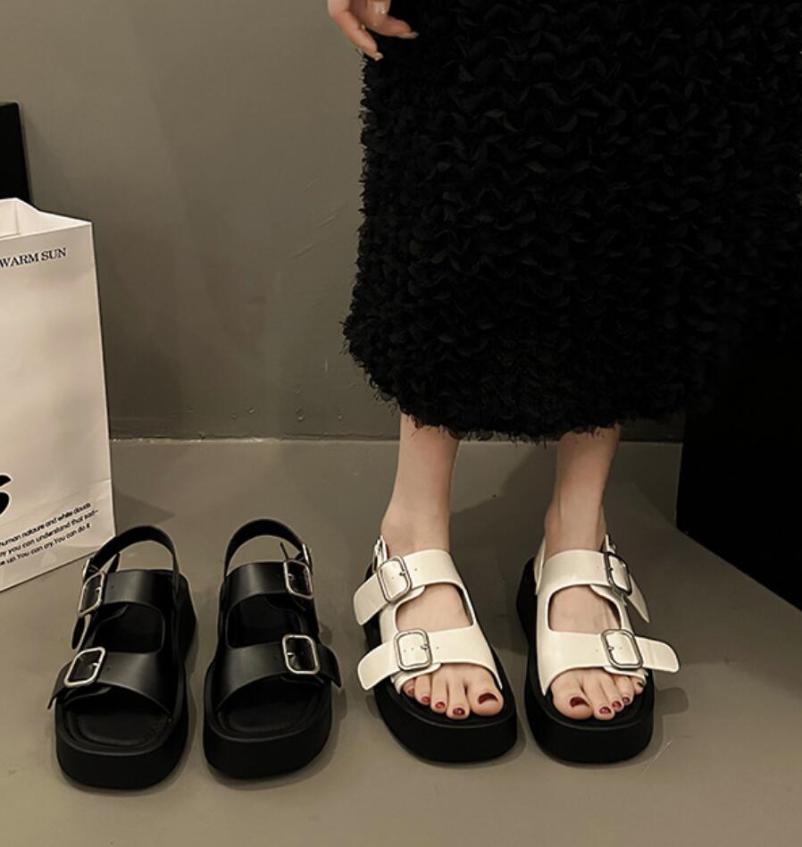 Мода 2024 НОВЫЕ женские босоножки на платформе с двумя пряжками и ремешками Повседневные босоножки с открытым носком на толстой подошве Женская удобная летняя пляжная обувь
