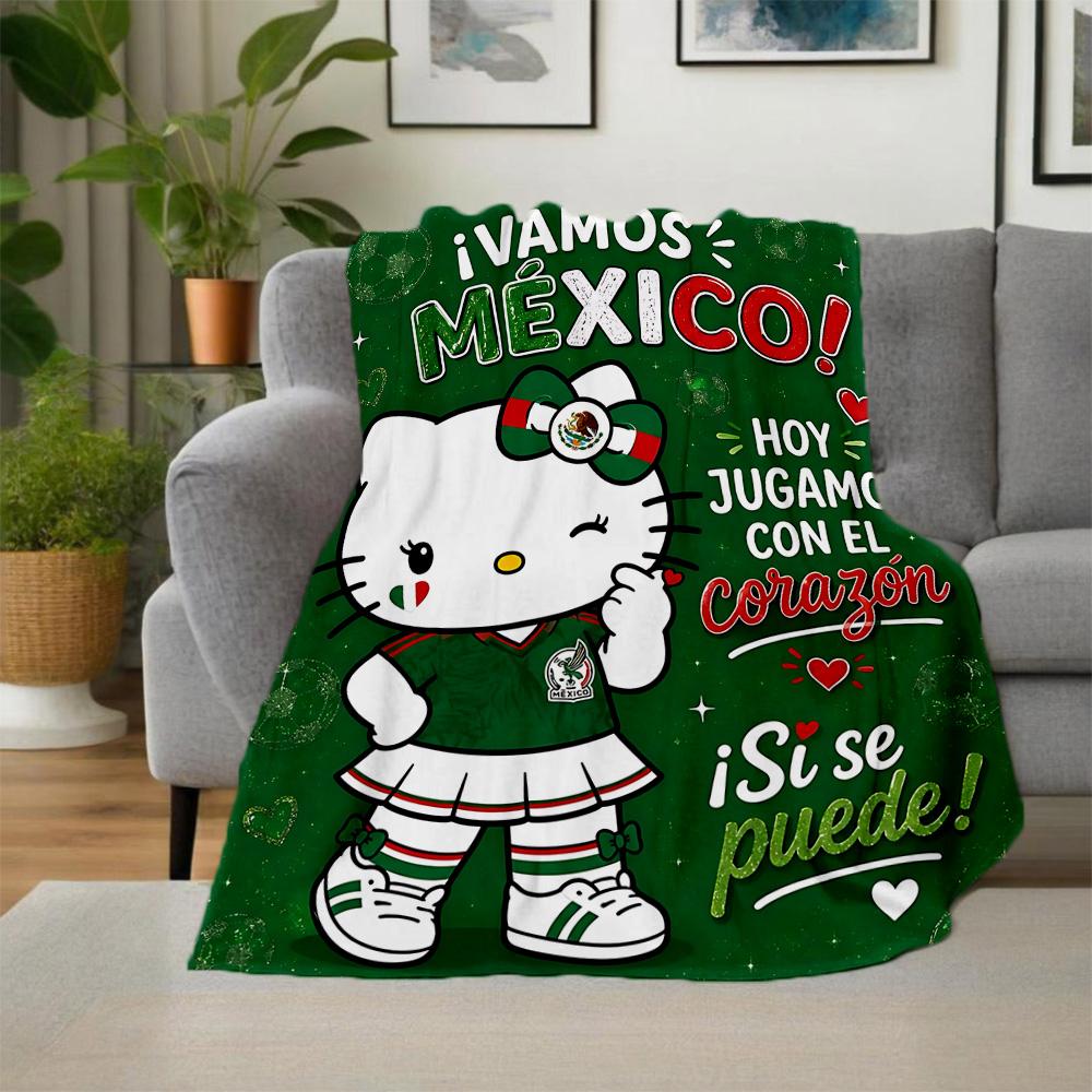 1pc Kitty Mexico Soccer Outdoor Blanket, Soft And Comfortable Blanket, Casual Warm, Camping Travel Blanket, Birthday Gift. M7140144
