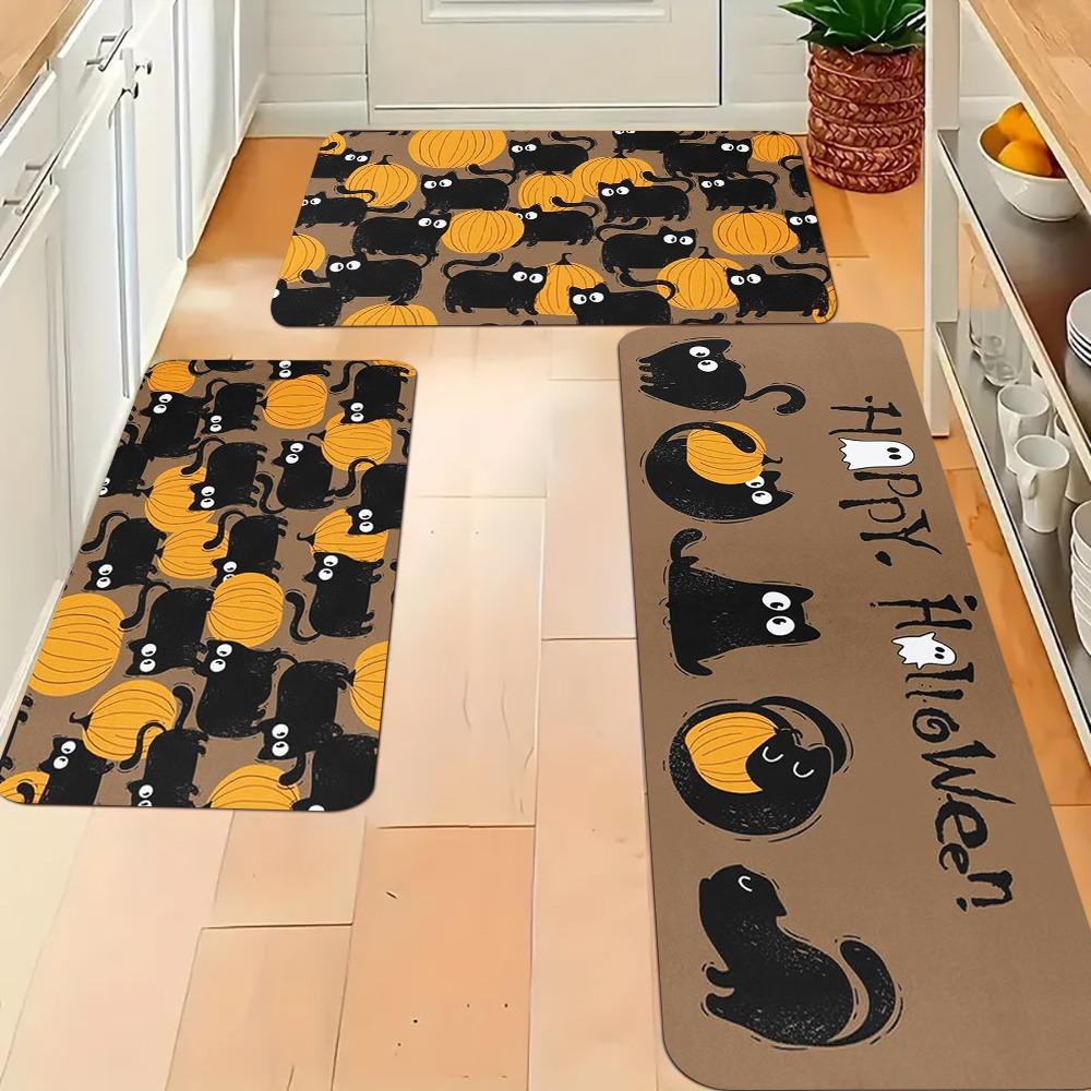 1PC Halloween Black Cat Ghost Kitchen Rug Non-Slip Door Mat Pop design Bathroom Rug Bath Mat Carpet for Home Sink Laundry Decor