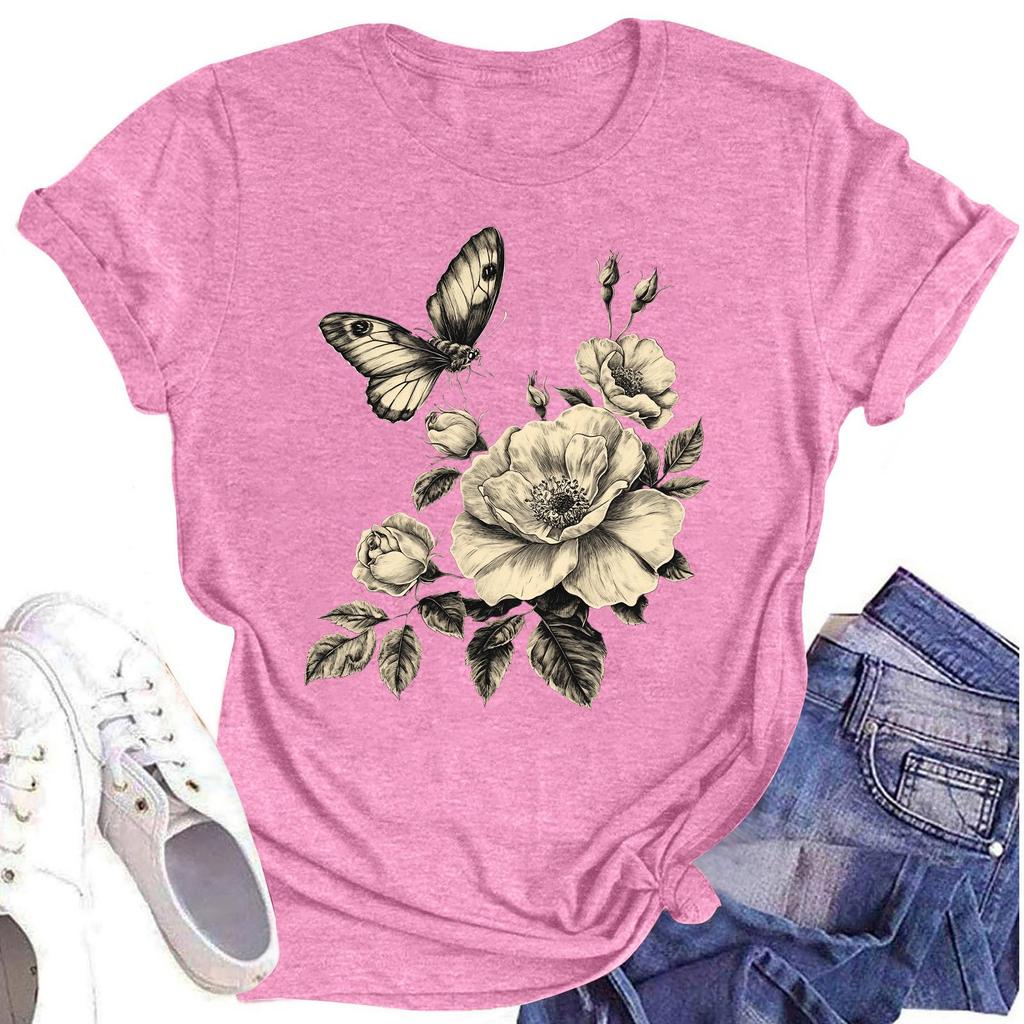 Женская повседневная футболка с круглым вырезом и цветочным принтом, короткий рукав