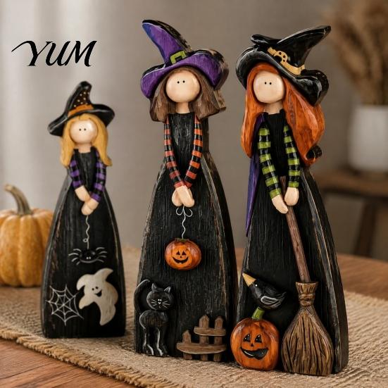 Black Cat And Crow Holiday Accents Halloween Wooden Witch Ornaments, Distressed Figurines, Retro Tabletop Fall Mantel Display Wood Crafts Decoration