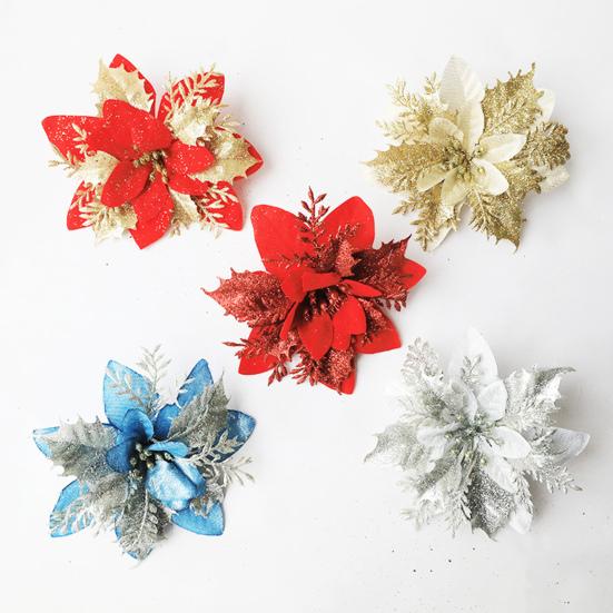 10Pcs/Set Christmas Artificial Flower Glitter Leaves Red Golden Silver-color Layered Xmas Tree Wreath Decoration Fake