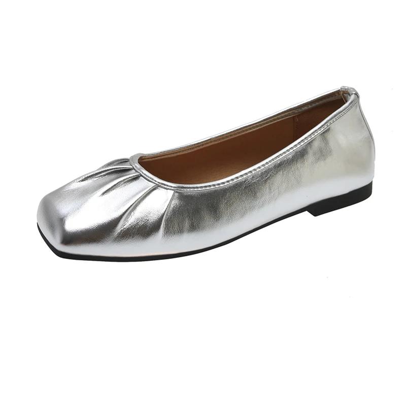 2024 Fashion Solid Color Square Toe Women's Shoes Spring and Autumn Shallow Mouth Slip-On Versatile Pleated Flat Women's Shoes