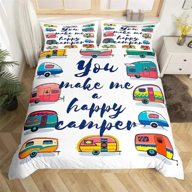 Happy Camping Duvet Cover Queen Cartoon Caravan Camping Bedding Set Farmhouse Style 3D Camper Comforter Cover With Pillowcases