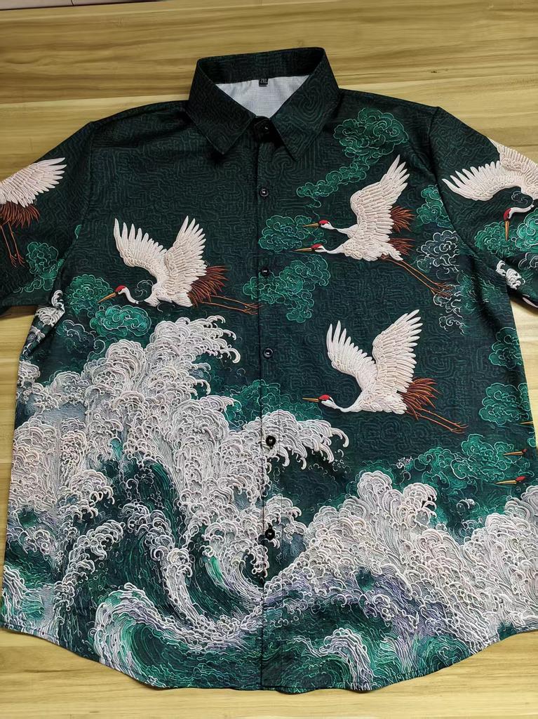 New Dark Green Embossed Dark Pattern Fabric with Flying Crane and Wave Printing for Men's Casual Short Sleeved Shirt