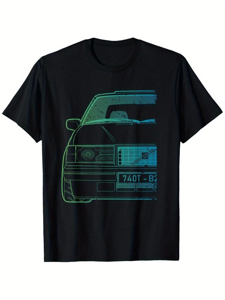 Men's Vintage 740 Turbo Racing Car T-Shirt - Black with Neon Green 80s/90s Retro Turbocharger & 740i/740 Turbo Badge Design