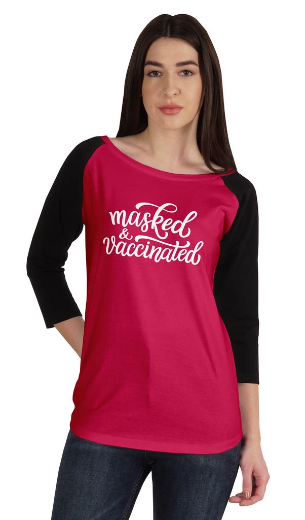 Inkmeso Маскированный и вакцинированный Забавная футболка с вырезом лодочкой в поддержку вакцинации для женщин