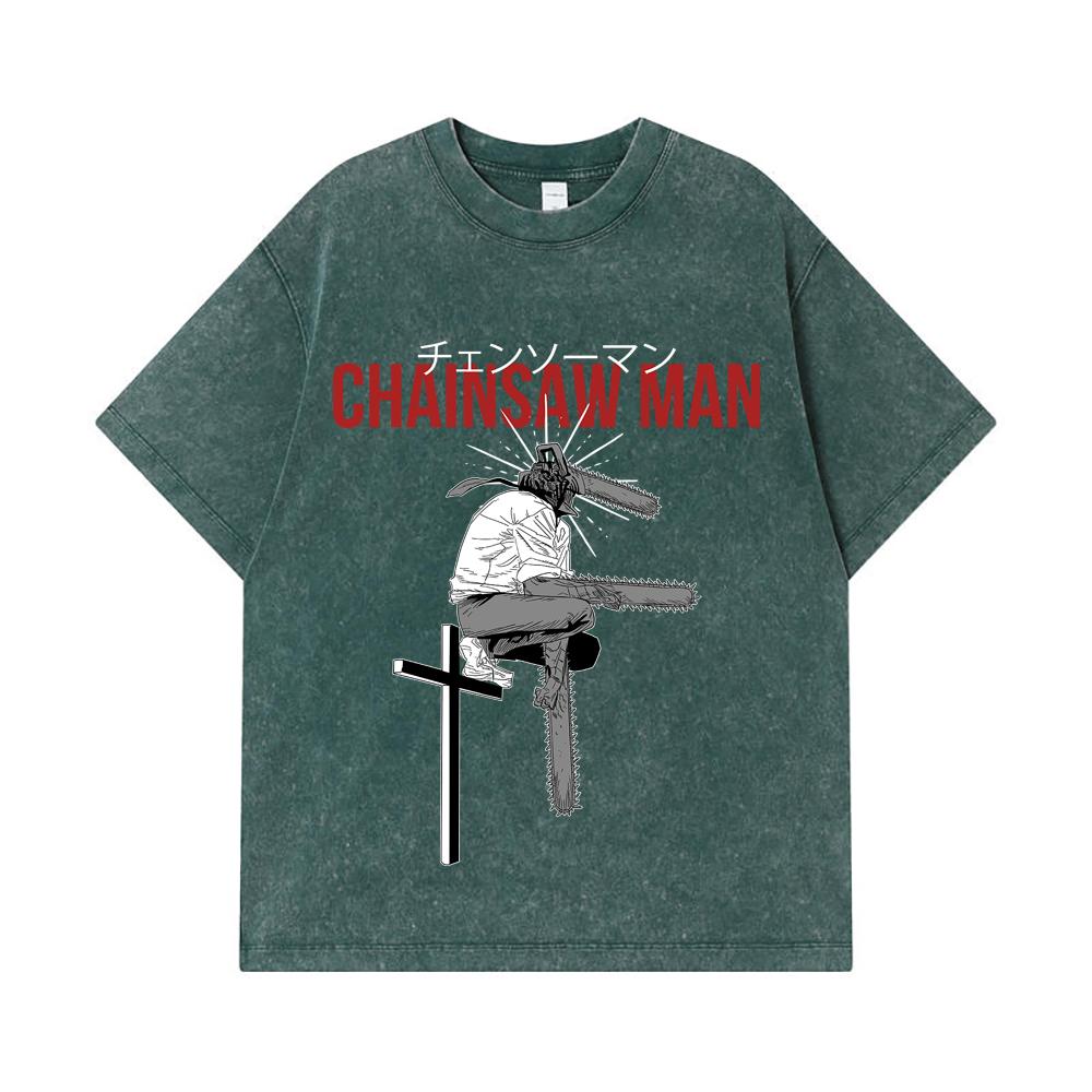 275 GSM Washed T-shirts 100% Cotton Chainsaw Man V41 Denji Print Unisex Heavy Cotton T Shirt