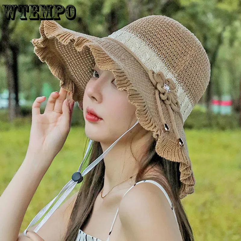 WTEMPO Women Spring Summer Wide Brim Flower Solid Color Sun Hats Outdoor Breathable Foldable Beach Sunscreen Hats