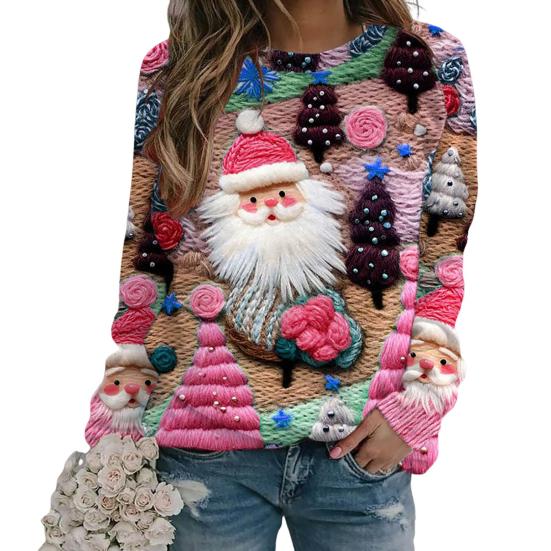 Christmas Sweatshirt Women 3D Xmas Tree House Print Crew Neck Long Sleeve Tops Lightweight Holiday Pullover Tops