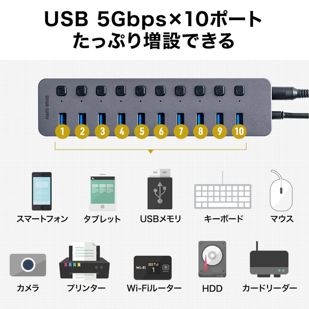 Sanwa Direct USB Hub 10 Port USB Charger with Individual Switch with AC Adapter Self-Powered USB3.2/5Gbps 400-HUBA23GM