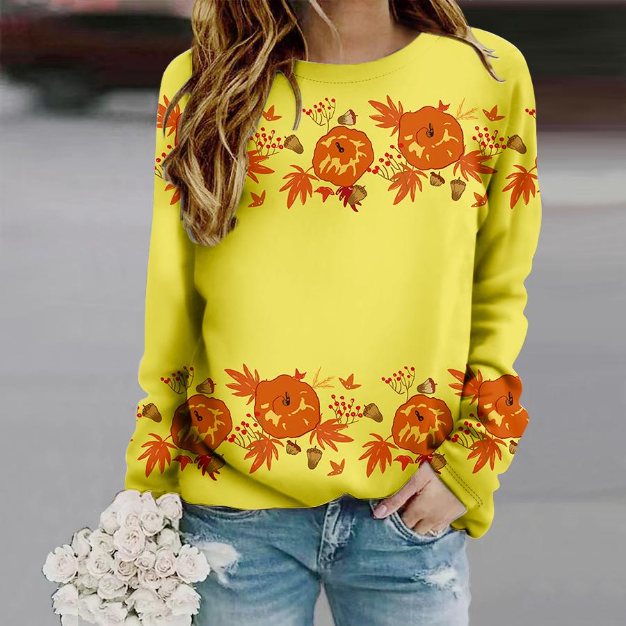 Топы для женщин с принтом оранжевого кленового листа, круглым вырезом и длинным рукавом, футболка, осенний повседневный тонкий пуловер, женский топ с длинным рукавом
