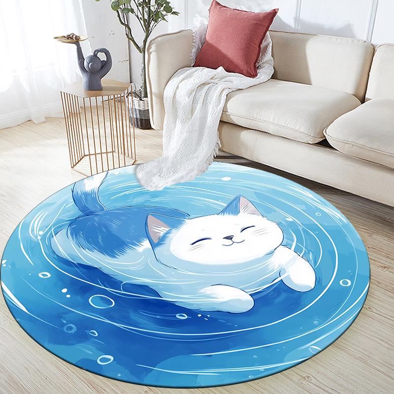 Кошка с рябью на воде, Круглый ковер, Ковер для гостиной, спальни, дивана, игровой комнаты, Декор, Нескользящий коврик для пола