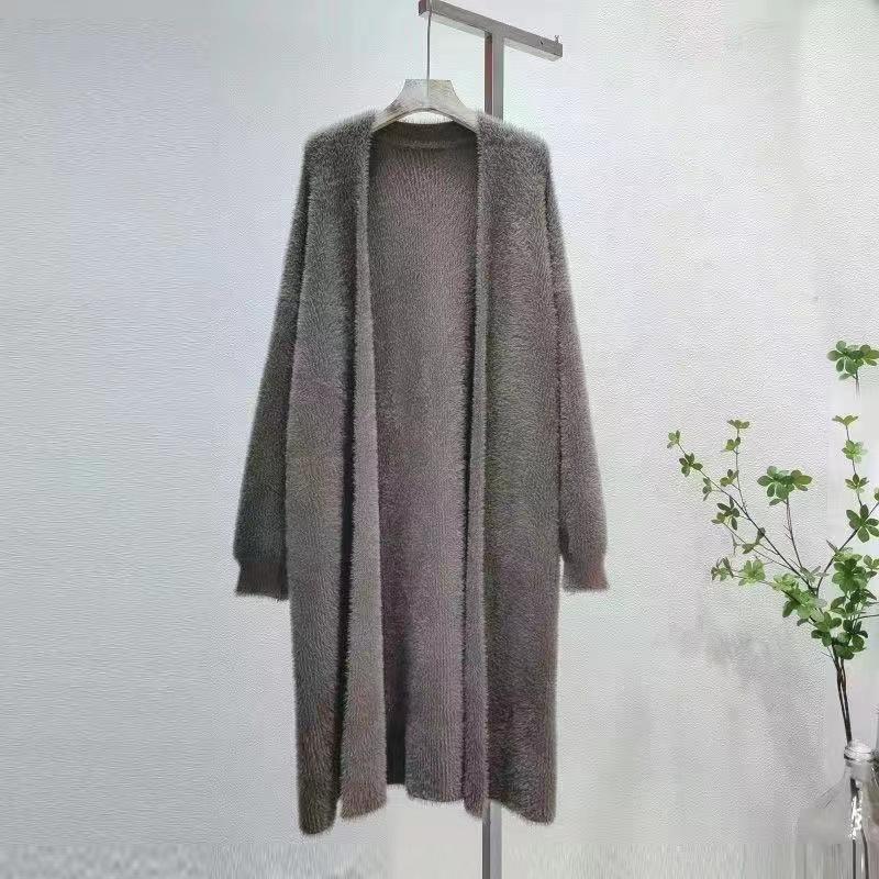 Женский кардиган из искусственной норки длиной выше колена, свободный повседневный утолщенный вязаный кардиган, куртка-свитер на осень и зиму