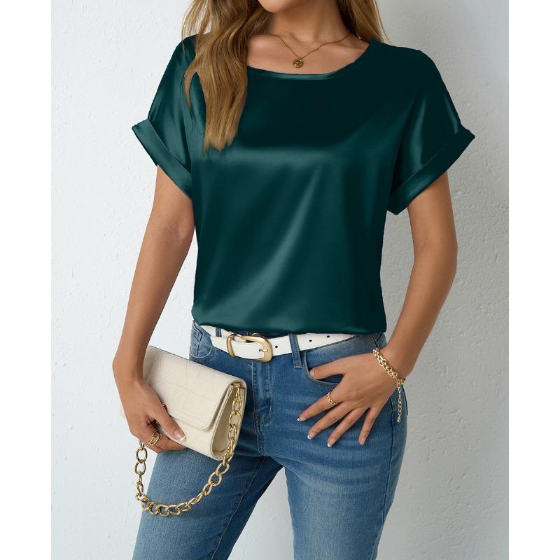 Women's Spring Summer Short-sleeved Satin Shirt Loose Casual Color T Shirt