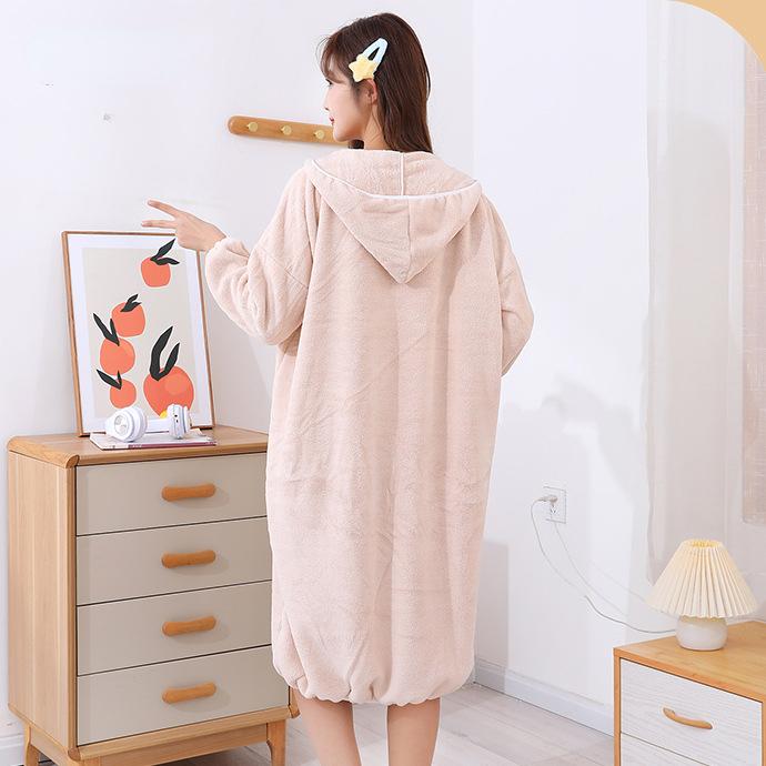 Весенне-осенние длинные домашние халаты для женщин, можно носить впитывающие банные полотенца, коралловые бархатные утолщенные бытовые банные юбки с длинными рукавами и капюшоном
