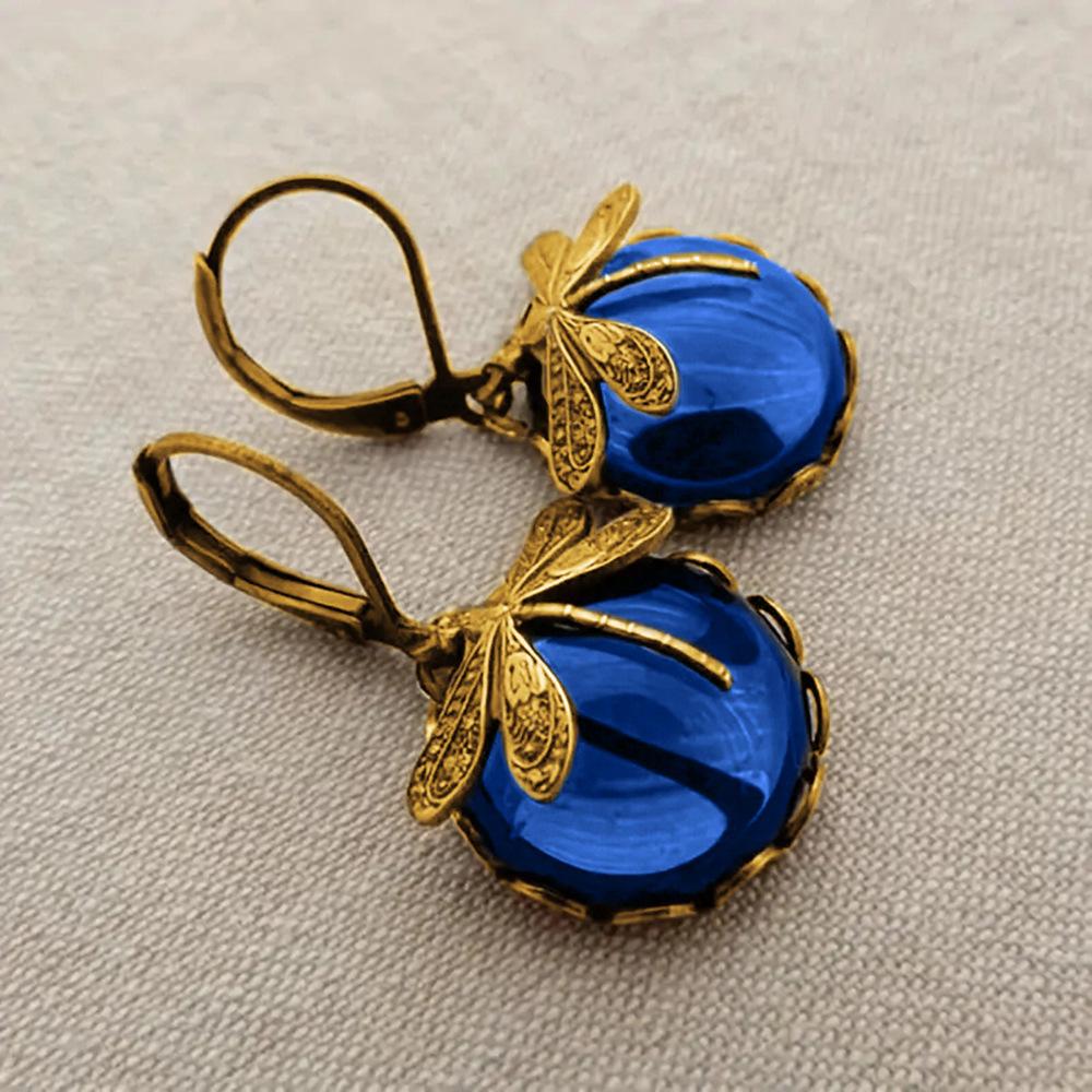 Retro European Mori pastoral earrings for women, imitation moonstone dragonfly earrings, round exquisite daily models