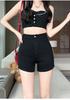 Ge Di Jie black high waisted shorts for a spicy girl, small in stature, wearing them outside to look slim and tight jeans