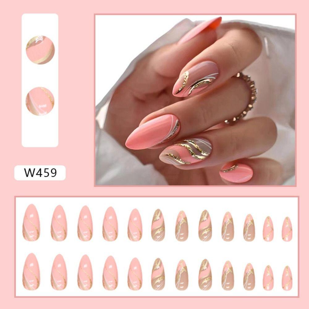 24pcs Nail Tips Press On Nails Fake Nials False Nails Wavy French Long Almond