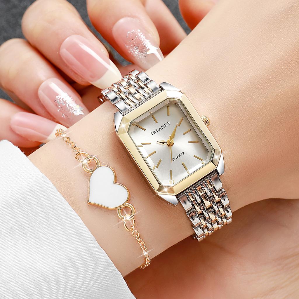 Xiaomi 2PCS Fashion Rectangle Women Watches Heart Bracelet Set Steel Strap Ladies Quartz Wrist Watch Reloj Mujer Girls (Without Box)
