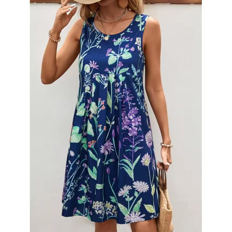 Womens Elegant Floral Digital Print Sleeveless Midi Dress With Elastic Waist Boho Chic
