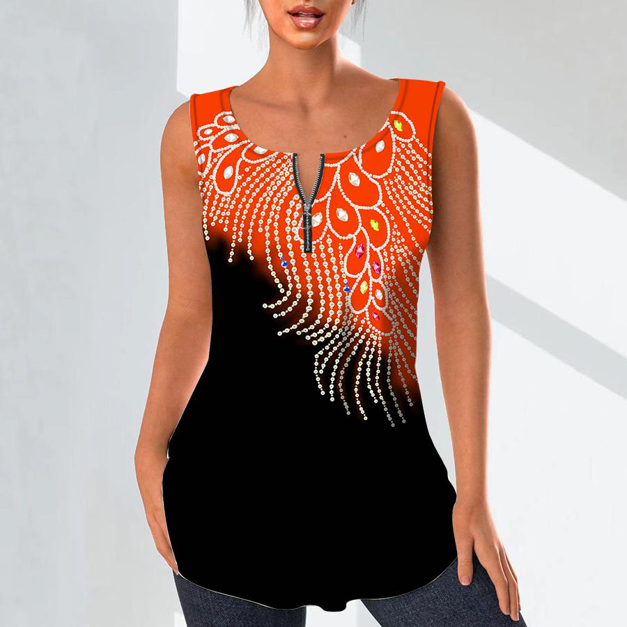 Women's Fashion V Neck Shirts Casual Tops T-shirt Ladies 3D Pearl Pendant Pattern Print Vest Plus Size Sleeveless Blouse Tank Tops