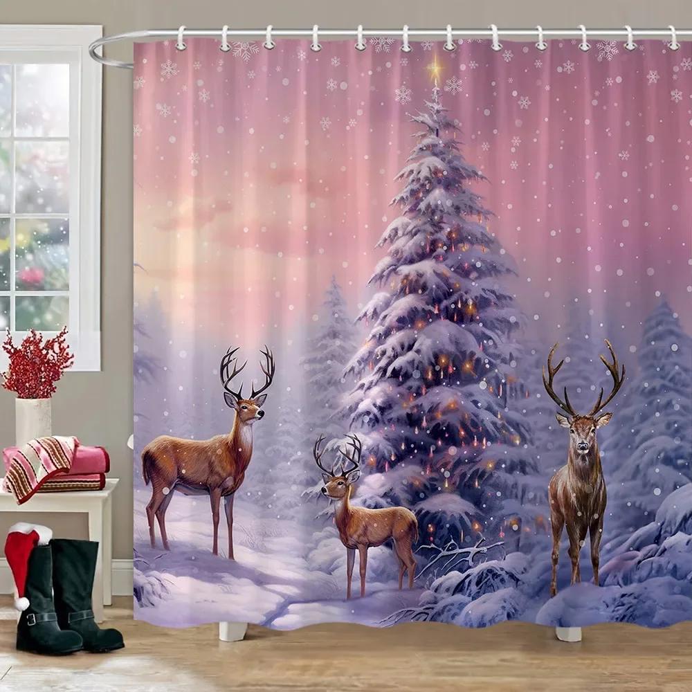 Merry Christmas Shower Curtain Winter Red Truck Snowman Reindeer Snow Farmhouse Shower Curtain Washable Polyester Bathroom Decor