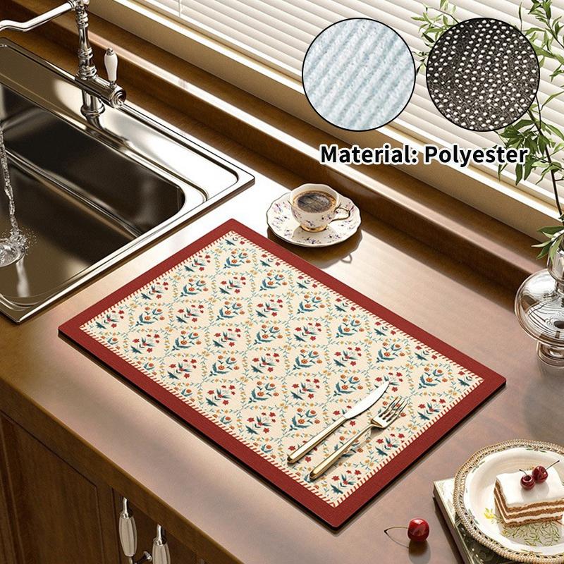Kitchen Dish Mat Absorbent Dining Table Mats Retro Non-Slip Drain Pad Draining Placemat Coffee Dish Tableware Mat For Home Decor